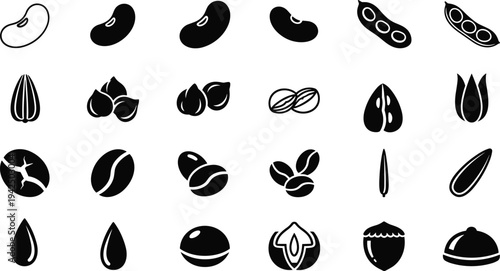 Set of Black Vector Icons of Various Seeds Beans and Nuts Featuring Coffee Beans Peanuts Hazelnuts Almonds Soybeans and Legumes.