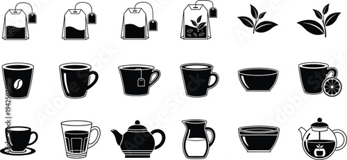 Set of Black Vector Icons of Tea and Coffee Featuring Tea Bags Mugs Teapots Cups with Saucers Pitchers and Leaves.