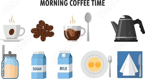 Illustration of morning coffee elements including a cup beans and breakfast items