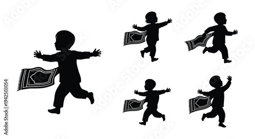 Silhouetted children running with rugs against a white background