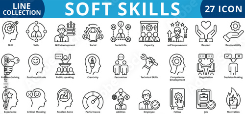 Soft skills icon set outline style icon set collection vector illustration