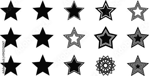 Set of Black Vector Star Icons Featuring Various Geometric Shapes Minimalist Five Point Stars Decorative Outlines and Complex Symmetrical Mandalas.