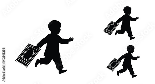 Silhouetted children running with rugs against a white background