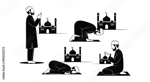 Muslims praying in silhouette with mosque backgrounds a peaceful illustration