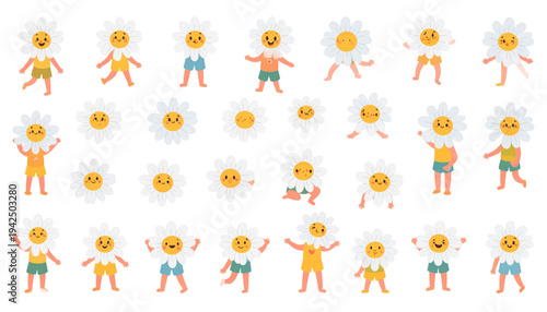 A colorful vector graphic illustration of smiling flowers and people on transparent background