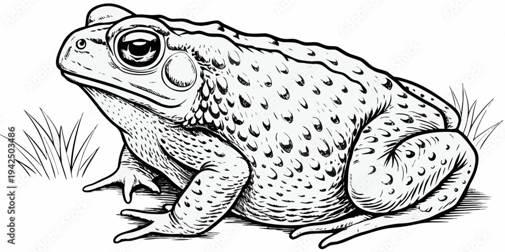 Naklejka premium Realistic Common Toad Vector Illustration - Detailed Amphibian Sketch with Grass Accents