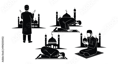 Muslims praying in silhouette with mosque backgrounds a peaceful illustration