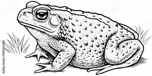 Realistic Common Toad Vector Illustration - Detailed Amphibian Sketch with Grass Accents
