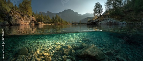 Clear water surface showing underwater rocks and mountain range