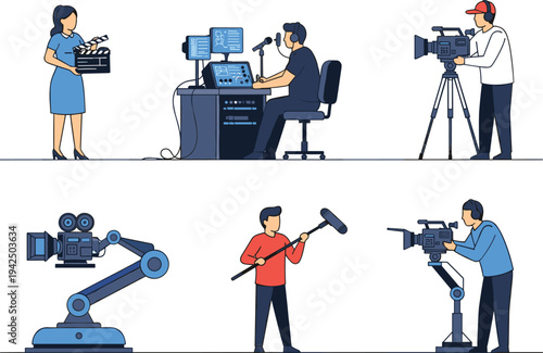 Film Production Crew Working with Camera Microphone and Editing Equipment Movie Making Process Vector Illustration Set
