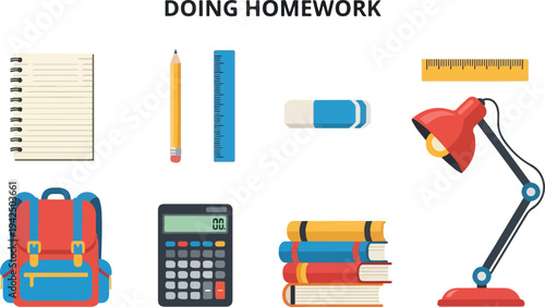 Illustration of school supplies for homework including a notebook pencil ruler eraser lamp backpack calculator and books
