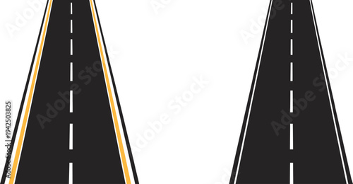 Straight, road and highway vector featuring black asphalt road, lane markings, perspective view, modern flat vector illustration for transportation, infrastructure