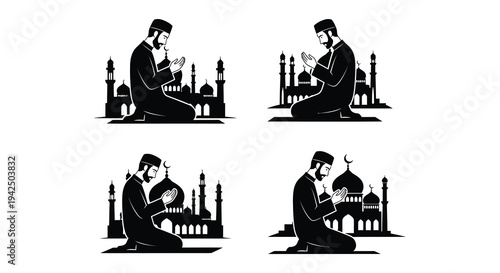Muslims praying in silhouette with mosque backgrounds a peaceful illustration