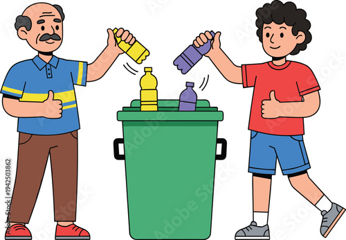 Grandfather and Child Recycling Plastic Bottles into Trash Bin Environmental Awareness Vector Illustration