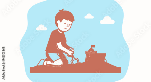 Young Boy Building Sandcastle on Beach.