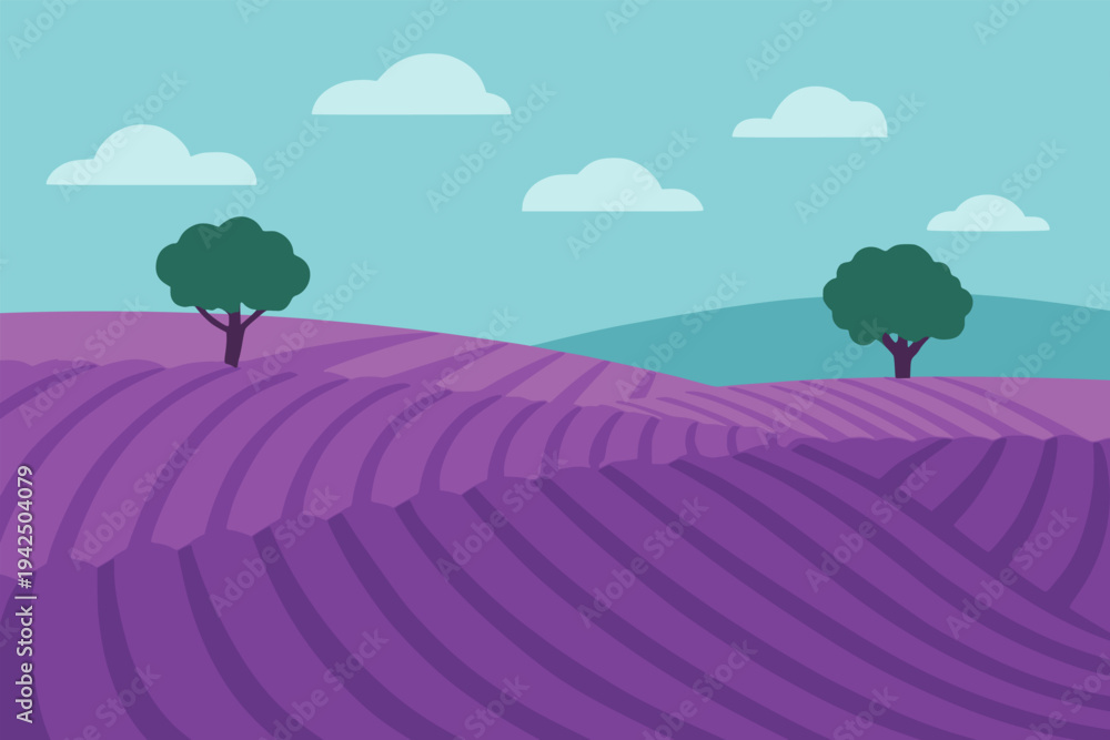 Fototapeta premium beautiful lavender flowers field peaceful landscape nature view background flat color vector illustration template design