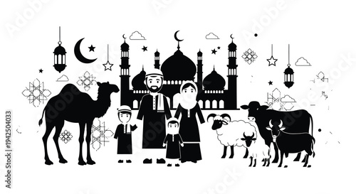 Eid al Adha celebration featuring family animals and a mosque silhouette