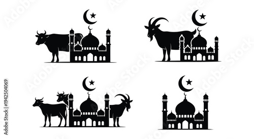 Eid al Adha illustration featuring animals and mosque silhouettes