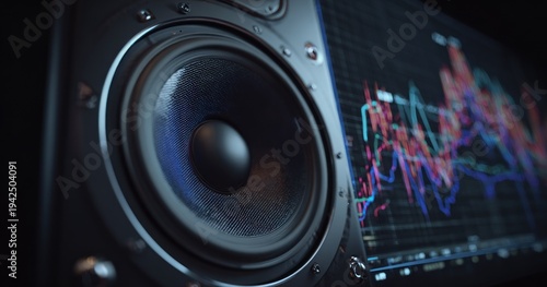 Close up of a large black speaker and a digital audio waveform display