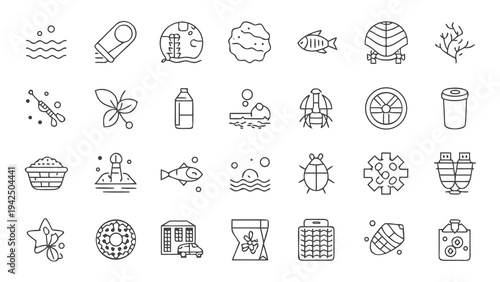 28 Urban Mining and E-Waste Recycling Process Icons with Negative Space.