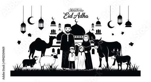 Eid al Adha celebration featuring family animals and a mosque silhouette