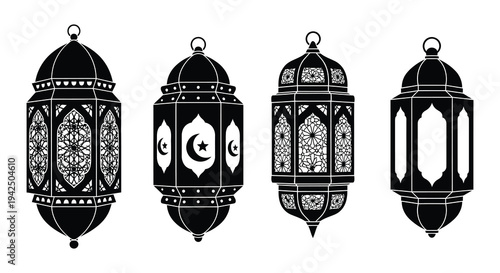 Four ornate black and white islamic lanterns displayed in a row