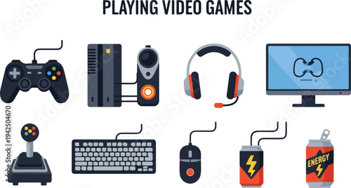 Illustration of video game equipment including a gamepad computer tower speaker headphones monitor joystick keyboard mouse and energy drink cans