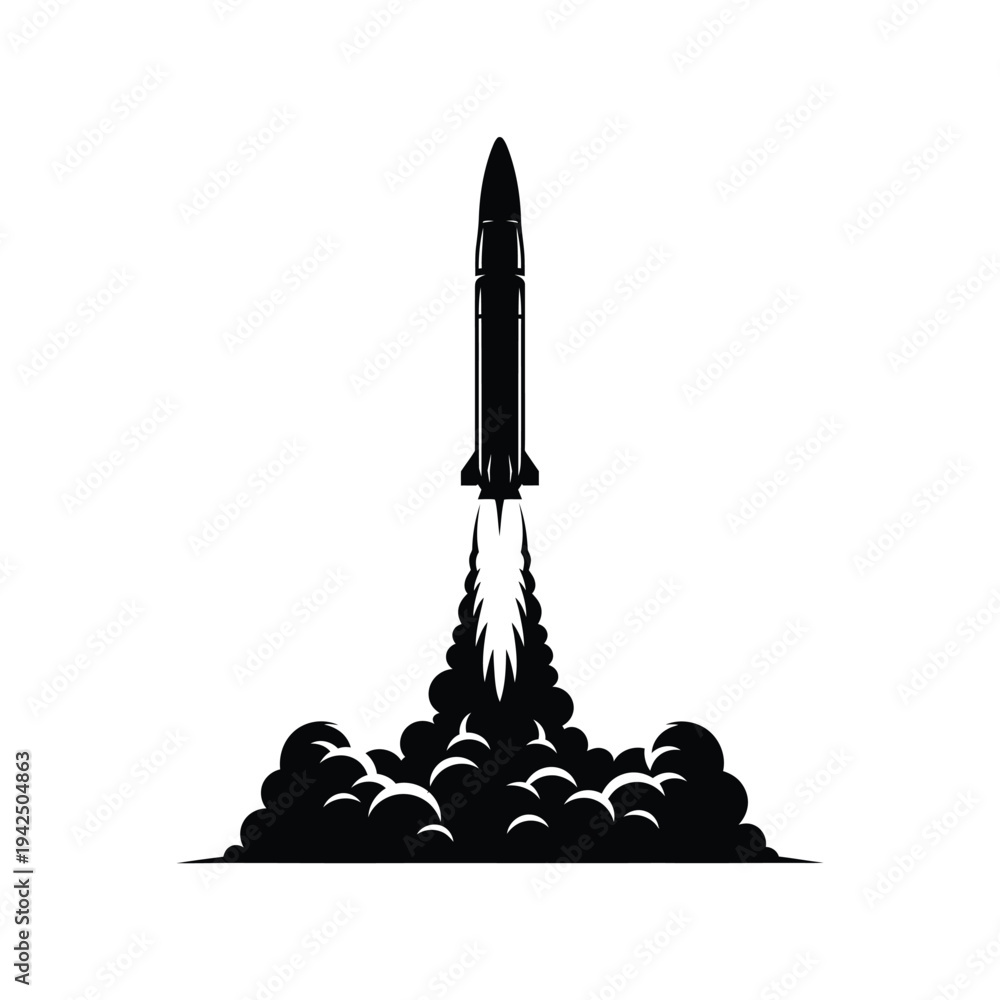 Fototapeta premium Rocket Launch Silhouette Black and White Vector Illustration