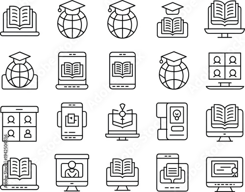 Set of linear vector icons representing online education digital learning global school university distance studies electronic books video webinar and graduation