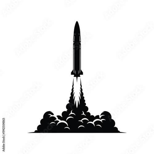 Rocket Launch Silhouette Black and White Vector Illustration