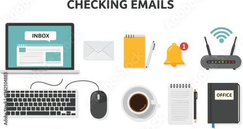 Illustration showing emailrelated items laptop envelope notebook bell router keyboard mouse coffee notepad book