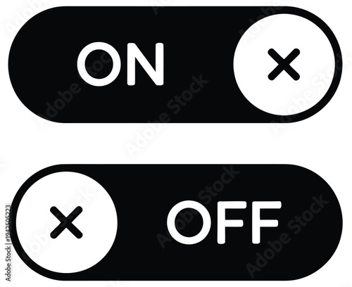 Toggle, switch vector icons with on/off states and validation check marks, representing UI controls, settings, and interactive elements, clean modern flat vector design