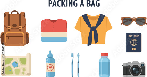 Illustration showing items for travel packing A backpack clothes sunglasses passport map toiletries camera