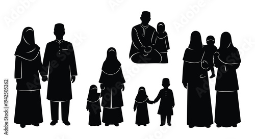 Silhouettes of a muslim family including adults and children in black