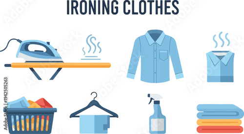 Illustration showing items related to ironing clothes Includes an iron shirts a basket of clothes a hanger spray and stacked towels