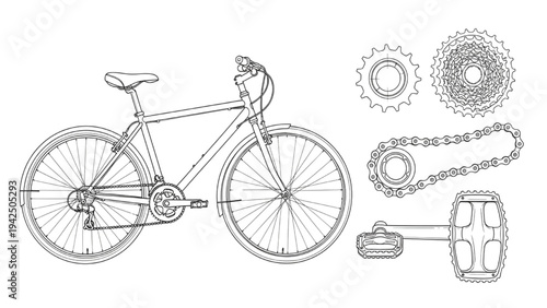 High Quality Black Line Art Bicycle with Gears, Chain and Pedal System Technical Outline Minimal Mechanical Diagram