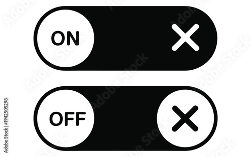 Toggle, switch buttons icon set featuring on and off states with validation symbols, user interface control elements, modern flat vector illustration for apps,