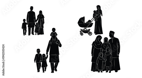 Silhouettes of a muslim family including adults and children in black