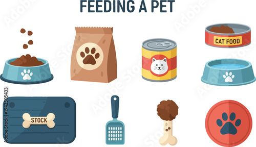Illustration showing items related to pet feeding Includes bowls food bag scoop treats and water