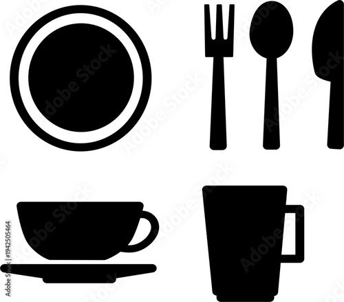 Clean black and white vector icon set of dining utensils including spoon, fork, knife, and plate. Minimal line style suitable for restaurant menus, food apps, kitchen themes, and web or UI design.