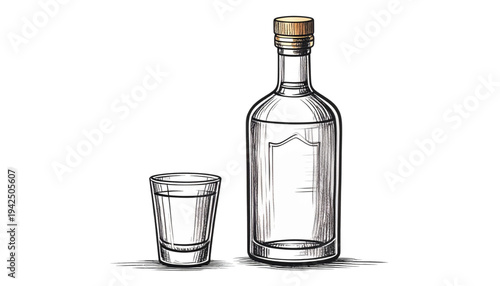 A minimalist line art illustration of a clear liquor bottle and shot glass on transparent background