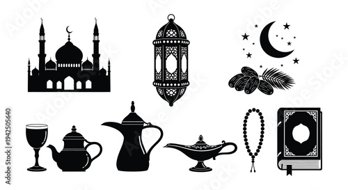 Islamic elements including a mosque lantern and crescent moon design