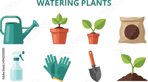 Illustration shows gardening tools and plants A watering can spray bottle and gloves are visible