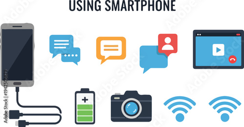 Illustration shows a smartphone connected to a charger surrounded by icons of messaging video calls camera battery and wifi