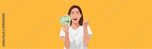 Excited woman celebrating with cash, expressing joy and financial success, holding money in her hand on a yellow background