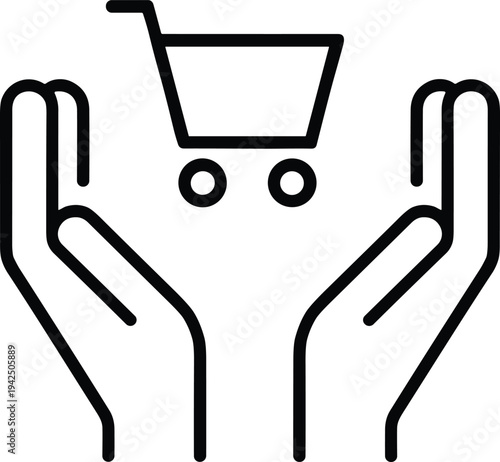 Online shopping protection icon with hands holding cart outline, e commerce security and customer support concept black line vector illustration isolated