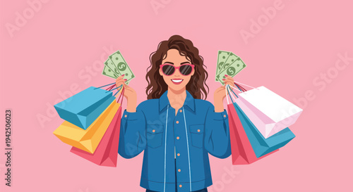 Joyful woman embracing a successful shopping spree, proudly holding colorful bags and fanned cash, embodying the happiness of retail therapy