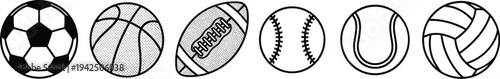 Six Black-and-White Sports Ball Illustrations Featuring Soccer, Basketball, American Football, Baseball, Tennis, and Volleyball in Horizontal Line