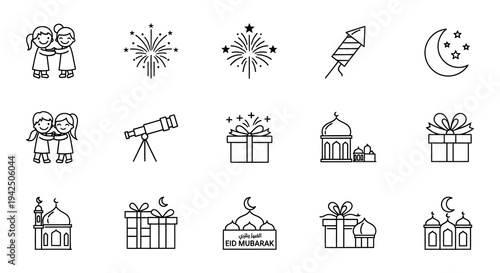 Eid al fitr line icons depicting celebrations gifts and religious symbols