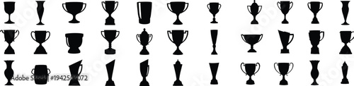 Trophy cup silhouette collection in black, award goblet shapes and championship prize icons set isolated on white background vector illustration
